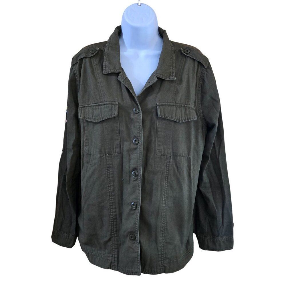 Womens Olive Green Embroidered Button-Up Jacket "We Run The World" boho